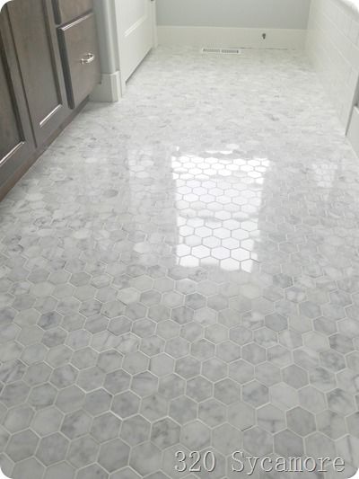 carrera hex marble tile Carrera Marble Bathroom Floor, Carrera Marble Bathroom, Marble Bathroom Floor, Dream Beach Houses, Kitchen Remodel Design, Small Tiles, Bathroom Remodel Designs, Guest Bathrooms, Bathroom Reno