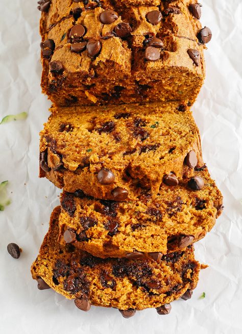 Pumpkin Zucchini Bread, Chocolate Pumpkin Bread, Vegan Pumpkin Bread, Healthy Pumpkin Bread, Zucchini Bread Healthy, Gluten Free Pumpkin Bread, Chocolate Chip Bread, Pan Sin Gluten, Pumpkin Chocolate Chip Bread