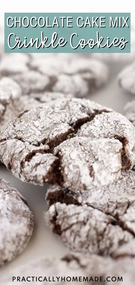 Chocolate Cake Mix Crinkle Cookies are so easy to make! These double chocolate cookies only require 10 minutes of prep time and then you pop them in the oven until they’re baked to fudgy perfection. Both the flavor and texture of these cookies are incredible, so try them out today! Chocolate Cookies From Cake Mix Easy, Cake Mix Chocolate Crinkles, Cake Mix Fudge Crinkle Cookies, Chocolate Crinkle Cookies Box Cake, Cake Cookies Mix Boxes, Cookies With Cake Mix, Cake Mix Crinkle Cookies, Crinkle Cookies Recipe Cake Mixes, Crinkle Cookies Cake Mix