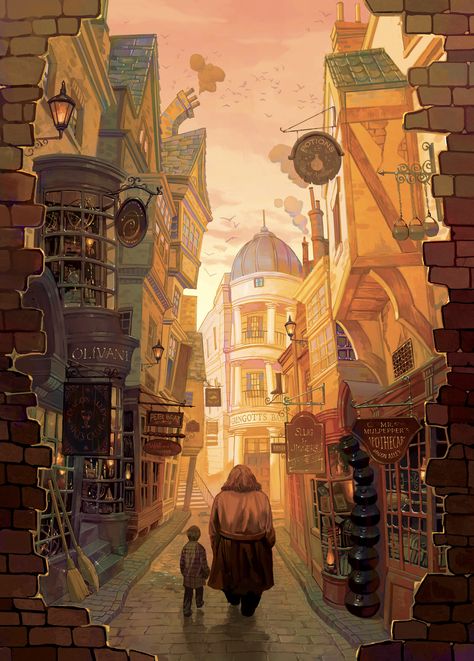 Ziyi Gao Harry Potter Studio Ghibli Style, Diagon Alley Drawing, Swag Poster, Harry Potter Diagon Alley, Harry Potter Nursery, Harry Potter Background, Harry Potter Illustrations, Harry Potter Illustration, Harry Potter Artwork