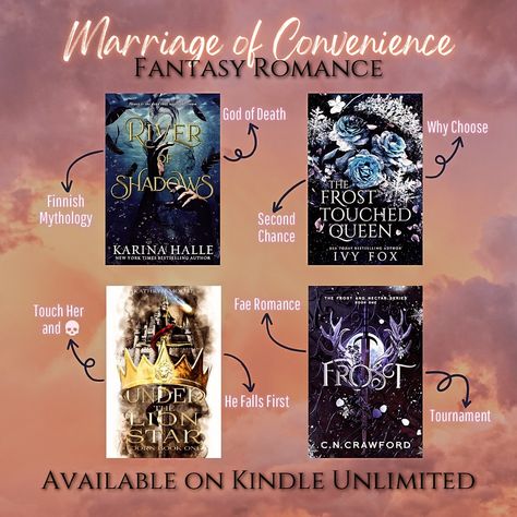 This one was hard cause most of the books I thought of were arranged marriage… but I did my best. All of these are available on KU! Have any fantasy romance recs with marriage of convenience? River of Shadows by @authorhalle The Frost Touched Queen by @ivyfoxauthor Under the Lion Star by @k.moore.author Frost by @cn_crawford #fantasyromancebooks #romancereader #bookrecommendations #kindleunlimitedromance #fantasyromance Frost Cn Crawford, River Of Shadows, Marriage Of Convenience, Future Library, Kindle Unlimited Romances, Marriage Books, Marriage Romance, Book Bucket, Lion Star