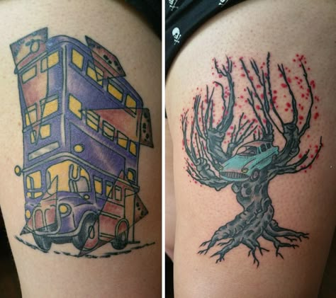 Harry Potter Night Bus Tattoo, Harry Potter Tree Tattoo, Knight Bus Tattoo, Whomping Willow Tattoo, Marauders Map Tattoo, Tattoo Knight, Tattoo Harry Potter, Whomping Willow, Knight Bus