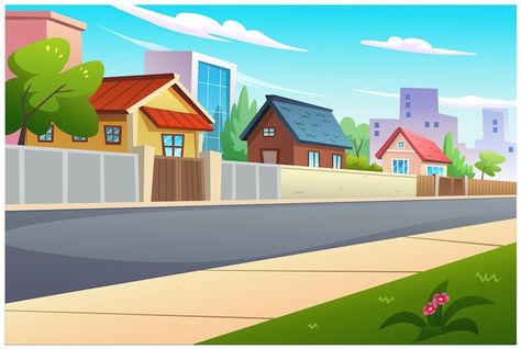 Village House Illustration, Cartoon House Background, Town Cartoon, Cartoon Road, Pokemon Towns, House Vector Illustration, Cartoon Houses, Road Illustration, Village Illustration