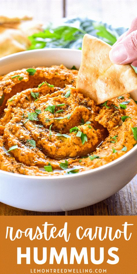 Roast Carrot Hummus, Carrot Hummus Without Tahini, Roasted Carrot Hummus Recipe, Roasted Carrot Dip, Hummus Flavor Ideas, Chestnut Hummus, Carrot Appetizers, Savory Carrot Recipes, Rainbow Hummus