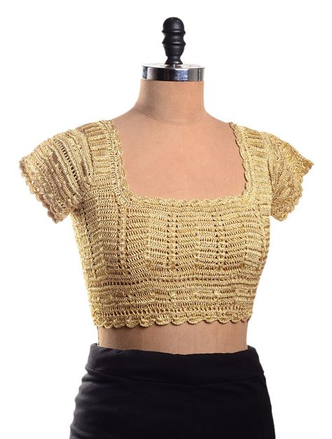 Golden Dori Crochet Blouse front Lace Saree Blouse Designs, Lace Saree Blouse, Crochet Saree, Sewing Blouses, Lace Saree, Crochet Ladies Tops, Saree Blouse Patterns, Cardigan Design, Crochet Tops Free Patterns