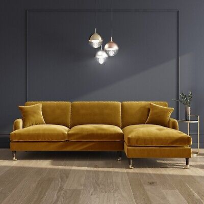 Mustard Velvet Right Hand Facing Sofa - Payton SOF191 | eBay Velvet L Shaped Sofa, Mustard Sofa, Brick Living Room, Velvet Corner Sofa, Small Sectional Sofa, Gorgeous Sofas, Yellow Sofa, Shaped Sofa, L Shaped Sofa