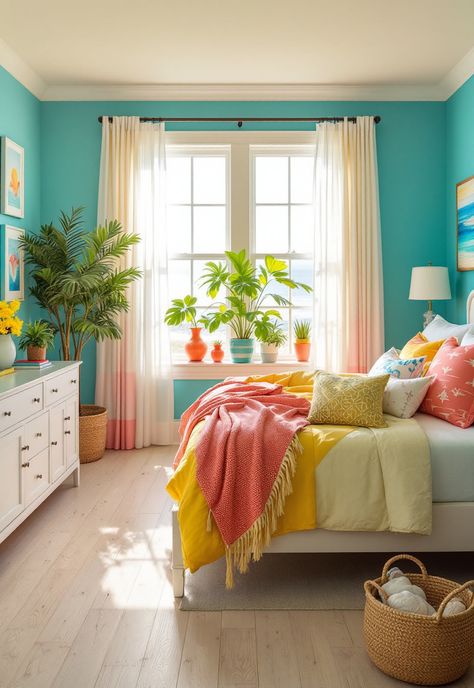 coastal bedroom decorating Cozy Coastal Bedroom, Bedroom Decorating Tips, Bright Color Schemes, Coastal Bedroom Decorating, Tranquil Retreat, Coastal Bedroom, Leisure Arts, Bedroom Decorating, Beach Inspired