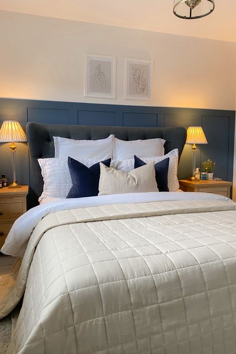 Navy bedroom with panelling, cream throw & prints above the bed Farrow And Ball Stiffkey Blue, Bedroom Inspo Grey, Bedroom Panelling, Adult Bedroom Decor, Navy Bedroom, Navy Bedrooms, Navy Blue Bedrooms, Stiffkey Blue, Grey Bed