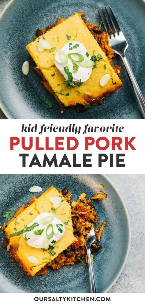 Level up your Tamale Pie experience by using leftover pulled pork. It's a simple substitution with that pays off with big flavor (and it's frugal, too). This simple Mexican inspired casserole recipe relies on pantry staples and leftover pork, and is ready in an hour. Kid friendly and totally nostalgic, tamale pie is destined to become a family classic. #mexicanrecipes #casserole #pulledpork #familyfriendly #familyrecipes Pork Tamale Pie, Tamale Pie Recipe, Leftover Pulled Pork, Pork Casserole, Easy Pulled Pork, Pork Tamales, Healthy Mexican Recipes, Leftover Recipes, Pulled Pork Leftovers