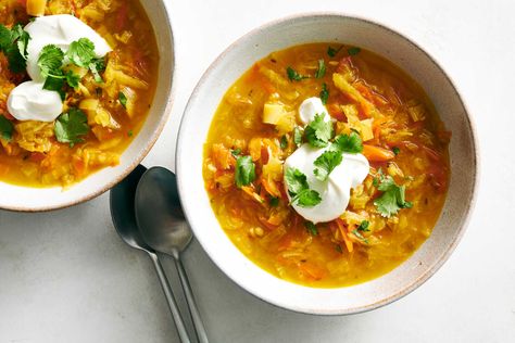 Golden Beet Borscht Recipe - NYT Cooking Beet Borscht, Curried Sweet Potato Soup, Ny Times Recipes, New York Times Recipes, Borscht Recipe, Tomato Lentil Soup, Nyt Recipes, Borscht Soup, Salad Sandwich Recipe