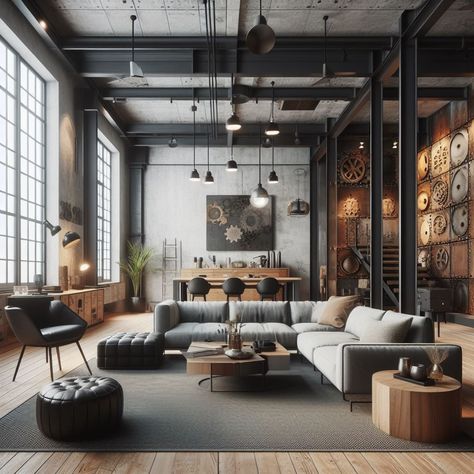 Modern Industrial Interior Design Industrial Style Furniture Industrial Modern Decor, Modern Industrial Interior Design, Industrial Color Palette, Modern Industrial House, Western Lodge, Industrial Style Office, Industrial Chic Interior, Contemporary Study, Industrial Style Living Room