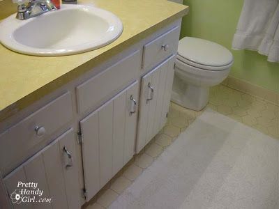 1970's Guest Bathroom Makeover - Pretty Handy Girl 70s Bathroom Remodel Before And After, 1970s Bathroom Remodel, 60’s Bathroom, 70’s Bathroom, Guess Bathroom, Double Sink Bathroom Ideas, 70s Bathroom Remodel, Guest Bathroom Makeover, Bathroom Cabinet Makeover