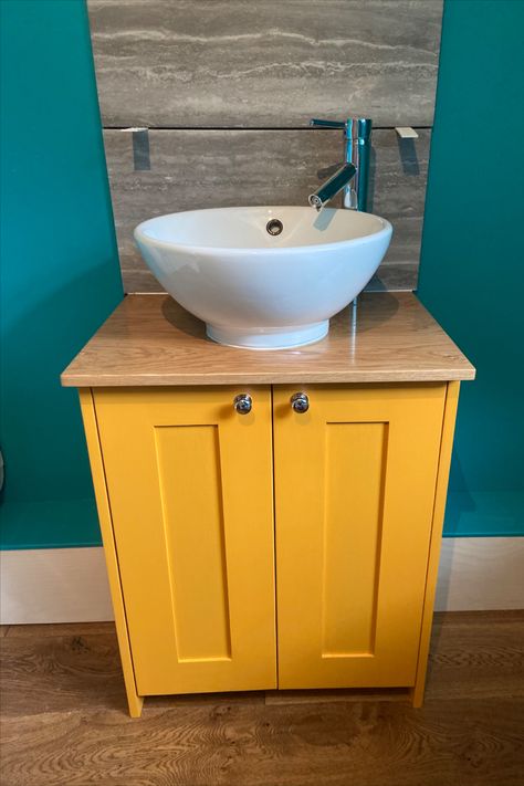 Shaker sink cabinet with oak top in Farrow and Ball Dutch orange Farrow And Ball Dutch Orange, Orange Bathroom Cabinets, Dutch Orange Farrow And Ball, Bathroom Cabinets Painted, Yellow Wardrobe, Orange Cabinets, Painting Bathroom Cabinets, Bath Cabinet, Cabinets Painted