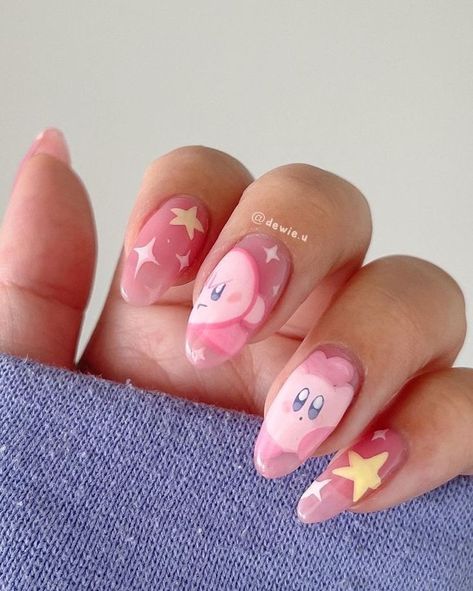 Different Almond Shaped Nails, Kirby Nail Ideas, Sanrio Nails Acrylic Almond, Cute Kirby Nails, Kirby Themed Nails, Kirby Nails Short, Kirby Inspired Nails, Almond Kawaii Nails, Kirby Inspired Outfit