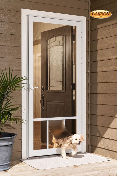 Make life a little easier for you and your four-legged family members with Larson® pet-friendly storm doors. Thanks to the built-in PetSafe® flap, pets big and small can come and go as often as they please. You’ll deal with fewer accidents and they’ll enjoy more freedom and exercise. Dog Door On Screened Porch, Screen Door With Cat Door, Screen Door With Pet Door, Screen Door With Doggie Door, Storm Door With Doggie Door, Glass Door With Doggie Door, Doggy Doors, Large Dog Door, Larson Storm Doors