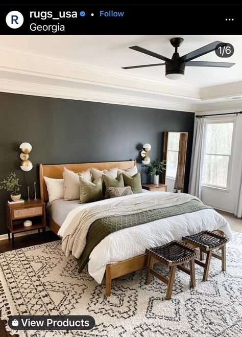 White Rug Bedroom, Olive Green Bedrooms, Off White Rug, Bedroom Ideas For Couples Modern, Modern Farmhouse Bedroom, Farmhouse Master, Bedroom Decor Cozy, Bedroom Green, Master Bedrooms Decor