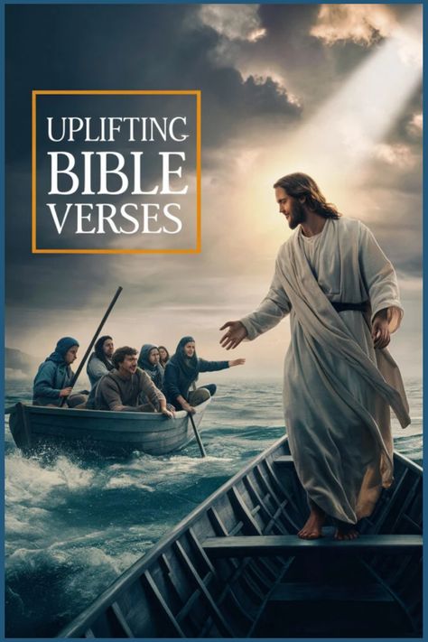 Jesus walking on water towards a boat with disciples under stormy skies; text reads "Uplifting Bible Verses". Study Partner, Philippians 4 7, Parables Of Jesus, Uplifting Scripture, Uplifting Bible Verses, Powerful Bible Verses, Bible Study Group, Bible Study Lessons, Joy Of The Lord