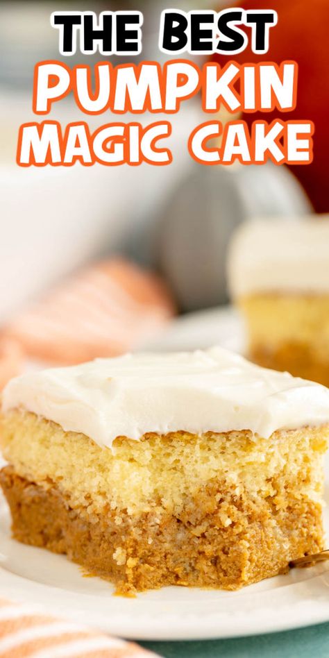 Delicious magic pumpkin cake that has magical layers of cake, pumpkin, and frosting! Pumpkin Yellow Cake, Magic Pumpkin Cake, Pumpkin Spice Frosting, Magic Cake Recipe, White Chocolate Curls, Pumpkin Magic Cake, Layered Pumpkin Dessert, Magic Cake Recipes, Spice Frosting