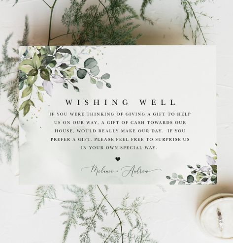 Greenery Wishing Well Card | Wedding Gift Request Wishing Well Template | Boho Wedding Insert | Editable Template DIY #MCD500 In Lieu Of Gifts, Wishing Well Wedding, Simple Wedding Flowers, Budget Friendly Wedding, Signature Drinks Sign, Wedding Budget, Engagement Party Decorations, Wedding Boho, Printable Templates