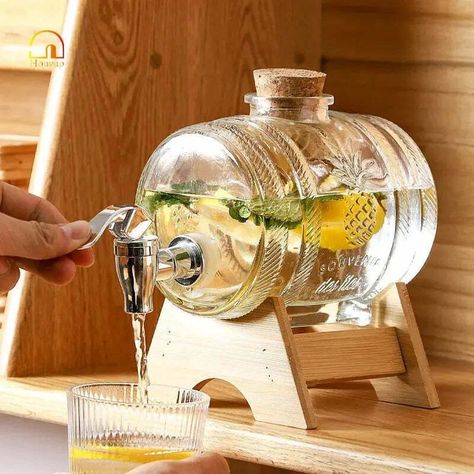 Fresh arrival! Behold the exceptional HOUYUP 1L/3L Large Capacity Glass Jug Beverage Dispenser With Tap Fruit Juice Lemonade Transparent Wine Beer Teapot Container, now available at an irresistible price of $44.57 Honey Storage, Bottle Drink, Wooden Brackets, Beverage Dispenser, Fruit Wine, Fruit Infused Water, Water Kettle, Glass Jug, Glass Carafe