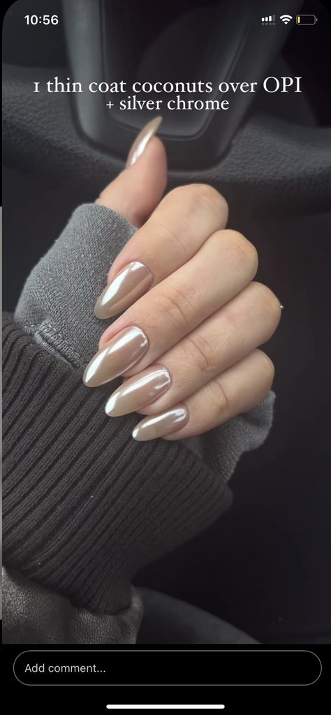 Beige With Chrome Nails, Khaki Chrome Nails, Beige Metallic Nails, Champagne Metallic Nails, Crome Nails Beige, Creamy Chrome Nails, Taupe Nails With Chrome, Champagne Nails Crome, Colour Chrome Nails