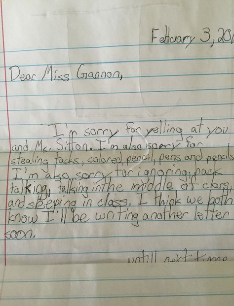 Greatest apology letter to their teacher (my cousin Carrie, btw...) from a very self aware young person. Apology Letter To Teacher, Apology Letter, Letter To Teacher, Teacher Notes, My Cousin, So True, My Saves, Quick Saves