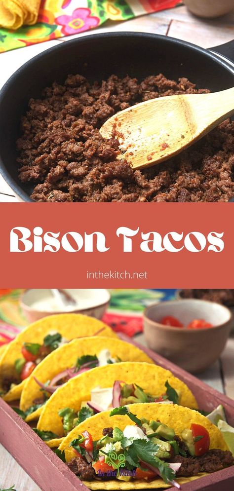 These bison tacos have almost the same flavor and texture as beef tacos but with leaner and healthier meat. Recipe at inthekitch.net #inthekitch #bisonrecipes #tacos Bison Tacos Recipe, Ground Bison Taco Recipes, Ground Bison Tacos, Recipes With Bison Meat, Buffalo Meat Recipes, Ground Bison Recipes Healthy, Bison Tacos, Bison Meat Recipes, Ground Bison Recipes