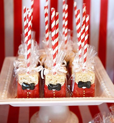 Circus Theme Ring Leader Rice Krispies Krispy Treats Bow Tie  etsy.com/shop/candysimply Circus Dessert Table Ideas, Circus Rice Krispie Treats, Carnival Rice Krispy Treats, Circus Theme Treats, Carnival Birthday Theme, Dumbo Birthday Party, Circus Food, Circus 1st Birthdays, Circus Birthday Party Theme