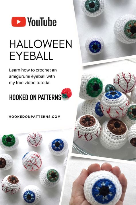 Spooky crocheted eyeballs of different colours for Halloween Eyeball Rose Crochet, Crochet Halloween Bags, Crochet Pattern Videos, Eyeball Crochet, Halloween Costumes Crochet, Crochet Eyeball, Crochet Witches, Crochet Halloween Costumes, Crochet For Halloween