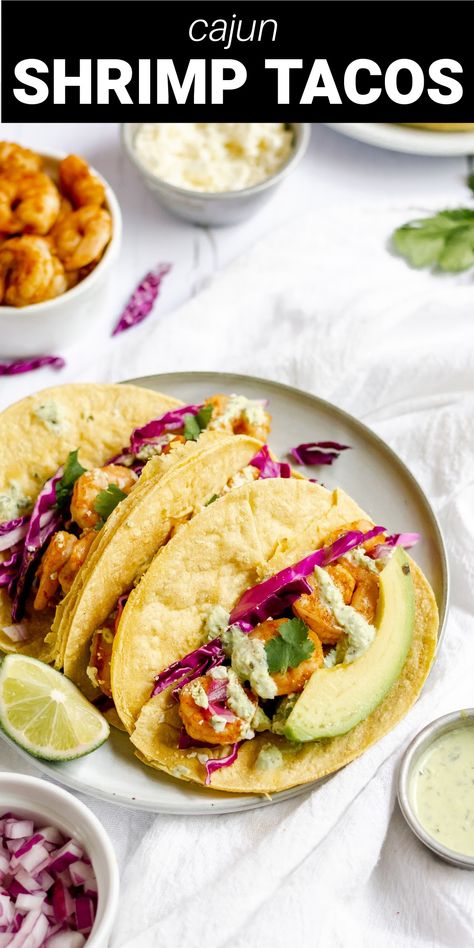 Cajun Shrimp Tacos- Balancing Motherhood Homemade Crema, Cajun Shrimp Tacos, Pan Seared Shrimp, Cilantro Lime Crema, Amazing Easy Recipes, Seared Shrimp, Cajun Spices, Spicy Shrimp Tacos, Shrimp Taco Recipes