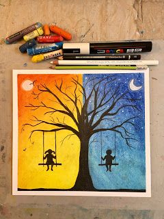 Art Room Britt: Silhouetted Day and Night Tree Oil Pastel Drawings Easy, Oil Pastel Paintings, Canvas Painting Tutorials, Easy Canvas Art, Oil Pastel Art, Oil Pastel Drawings, Easy Canvas Painting, Galaxy Painting, Canvas Painting Diy