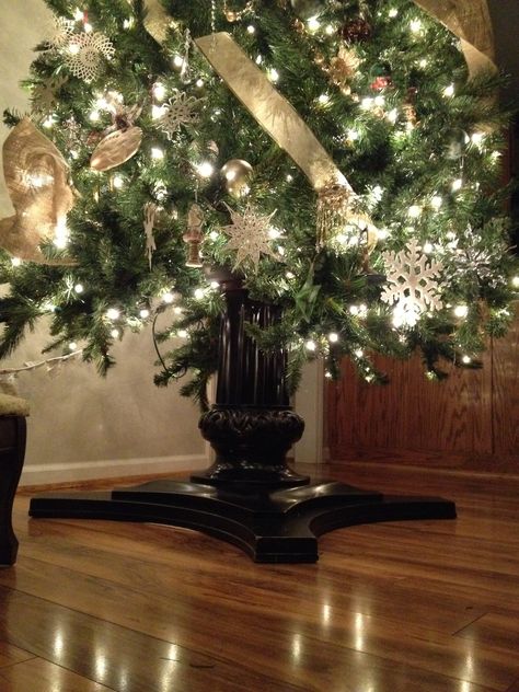 Dining table pedestal base, now Christmas tree stand- no tree skirt required Dining Table Pedestal Base, Table Pedestal, Christmas Tree Base, Tree Base, Christmas Tree Stand, Christmas Snow, Tree Stand, Joy To The World, Tree Skirt