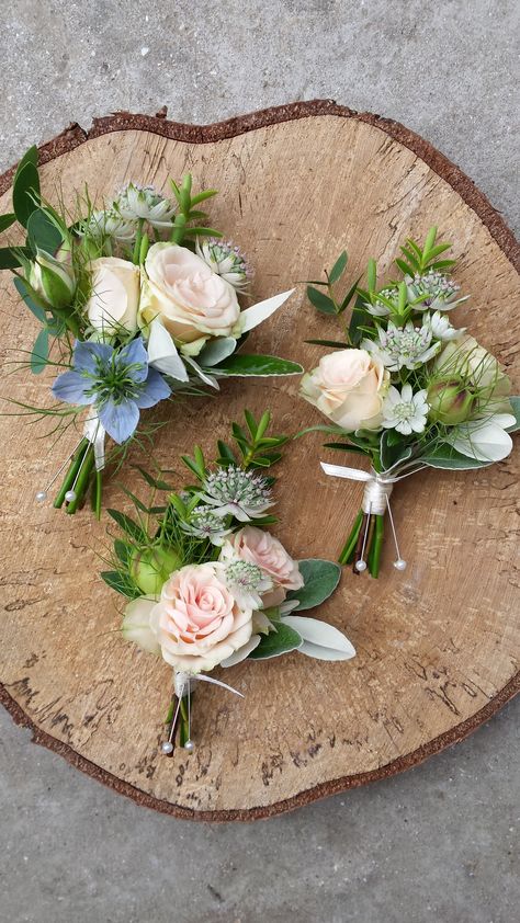 delicate spray roses buttonholes Florist in the Forest Summer Wedding Buttonholes, Pastel Buttonholes, Spring Buttonholes, Ladies Buttonhole, Buttonholes Wedding, Groom Buttonhole, Rose Buttonhole, Buttonhole Flowers, Blue And Blush Wedding