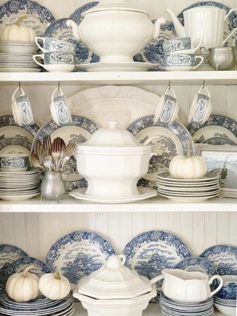 China Hutch Decor, Hutch Styling, Dish Display, Hutch Decor, China Cabinet Display, Blue White Decor, Blue Transferware, Beaver Creek, China Display