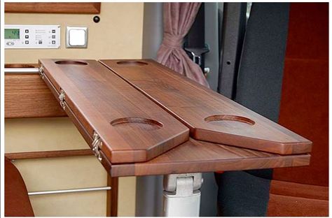 Clever folding table in Mercedes Sprinter camper van from CS Independent. Camper Table, Mercedes Sprinter Camper Van, Camper Furniture, Bil Camping, Mercedes Sprinter Camper, Kombi Motorhome, Fold Out Table, Cargo Trailer Camper, Diy Campervan