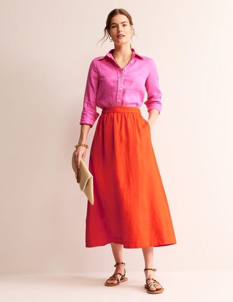 The Florence midi skirt is made from breathable linen that's perfect for warmer days. It's got pockets, too, as you'll need somewhere to pop your purse while you eat that gelato before it melts. Orange Skirt Outfit, Linen Midi Skirt, Rock Outfit, Linen Loungewear, Orange Skirt, Boden Uk, Wardrobe Ideas, Mandarin Orange, Linen Skirt