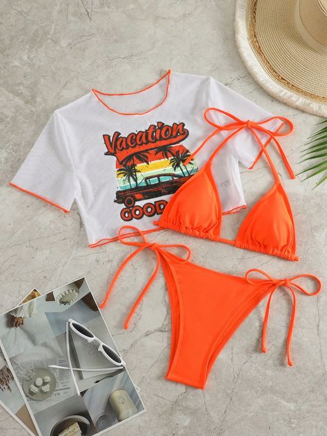 Orange Sexy Collar   Car,Letter  Embellished High Stretch  Women Clothing Swim Summer, New Balance Outfit, Cute Nike Outfits, Orange Swimsuit, Triangle Swimsuit, Swimsuits Outfits, Beach Tropical, Top Halter, Cute Swimsuits