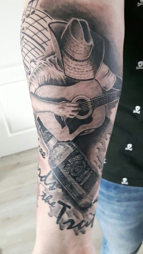 Country Music Sleeve Tattoo, Western Music Tattoo, Cowboy Sleeve Tattoo For Men, Country Music Tattoos Ideas, Western Arm Sleeve Tattoo, Country Tattoos For Men, Cowboy Sleeve Tattoo, Country Music Tattoos, Western Sleeve