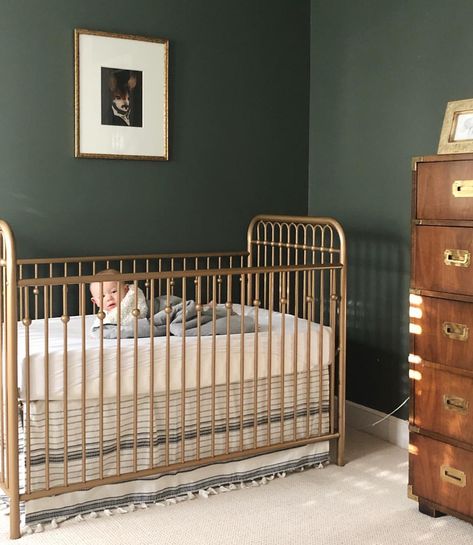 Traditional preppy baby boy nursery - green walls, gold crib, vintage campaign dresser and wall art. #nurserydesign #nurseryinspo #projectnursery #boynursery Preppy Baby Boy, Green Nursery Boy, Gold Crib, Preppy Baby, Gold Nursery, Baby Boy Room Nursery, Green Nursery, Kiosk Design, Green Paint Colors