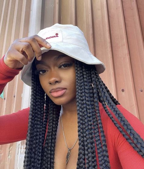 Braids With Bucket Hat, Braids With Hats Black Women, Bucket Hat With Braids, Pretty Braid Styles, Braids With Hat, Afro Hairstyles Braids, Hat With Braids, Braids Ideas, Big Box Braids Hairstyles