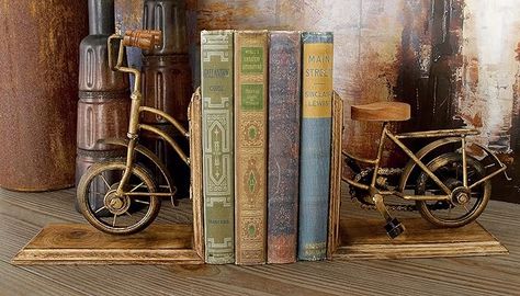 Deco 79 Wood Bike Bookends, Set of 2 7"W, 9"H, Brass Diy Bookends, Wood Bike, Wood Bookends, Wooden Bike, Decorative Bookends, Brass Wood, Home Libraries, Functional Decor, Vintage Bicycles