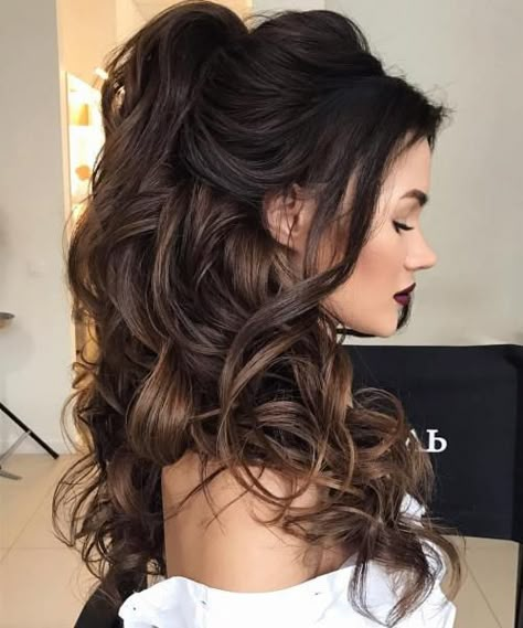 Curly Long Half Updo For A Bride Brunette Updos For Long Hair, Wedding Hairstyles With Hair Comb And Veil, Haft Up Haft Down Hairstyles Prom, Formal Bridal Hairstyles, Engagement Picture Hairstyles Half Up, Prom Down Hair, High Volume Wedding Hair, Wedding Hairstyles For Long Hair Strapless Dress, Wedding Hair With Volume