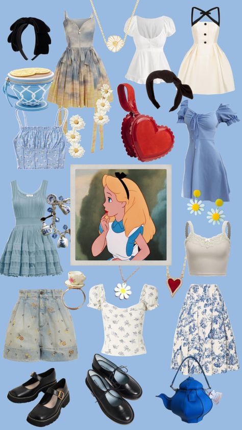 Alice #aliceinwonderland #disney #disneybound #outfit #outfitinspo #fashion #disneyfashionseries #blue Alice In Wonderland Disney World Outfit, Alice In Wonderland Outfit Inspiration, Disneyoutfit Ideas, Blue Disney Outfit, Disney Outfits For Halloween, Disney Princess Outfits Aesthetic, Alice And Wonderland Outfit Ideas, Alice In Wonderland Disney Outfit, Alice In Wonderland Inspired Outfits Casual