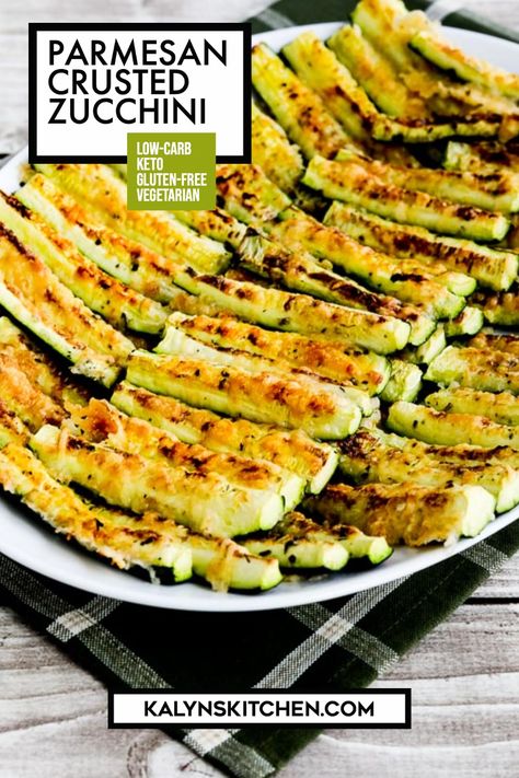 "Pinterest Image for Parmesan Crusted Zucchini showing zucchini on white plate on a black napkin." Cooking Zucchini, Low Carb Zucchini Recipes, Parmesan Crusted Zucchini, Dessert Restaurant, Tuna Casserole, Appetizers For A Crowd, Diner Recept, Low Carb Zucchini, Parmesan Crusted