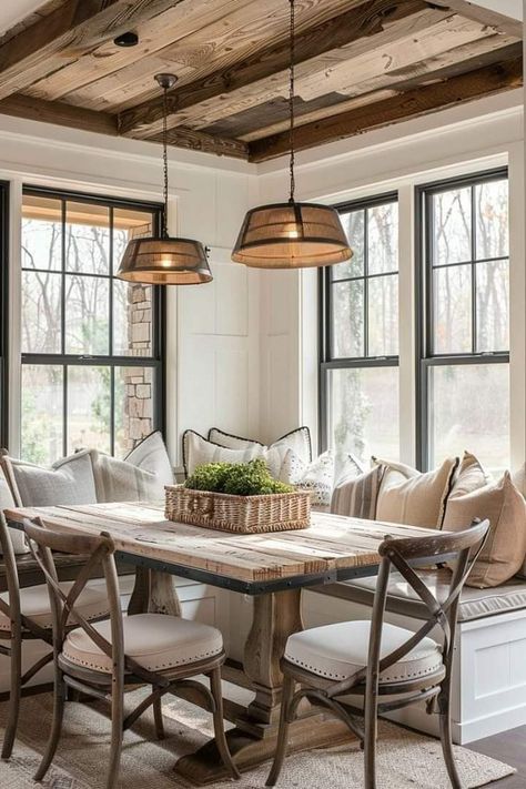 Room Off Kitchen Ideas, Minimalistic Farmhouse, Nook Makeover, Farmhouse Breakfast Nook, Sunroom Dining Room, Kitchen Dining Nook, Sunroom Dining, Breakfast Nook Ideas, Barn House Interior