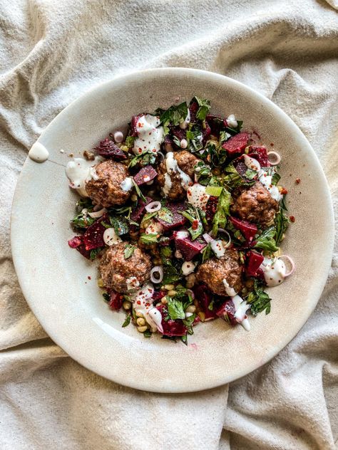 Lamb Meatballs with Beet Relish & Yogurt - Dishing Up the Dirt Beet Relish, Beet Pasta, How To Cook Lamb, Csa Recipes, Lamb Meatballs, Beef Meatballs, Ground Lamb, Beet Salad, Yogurt Recipes