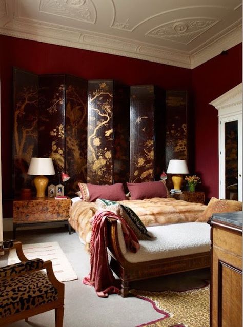 Eye For Design: Burgundy Colored Interiors, On Trend and Beautiful Burgundy Bedroom, Eclectic Bedrooms, Folding Screens, Eclectic Bedroom, London Apartment, Red Walls, In The Corner, Eclectic Style, Decoration Design