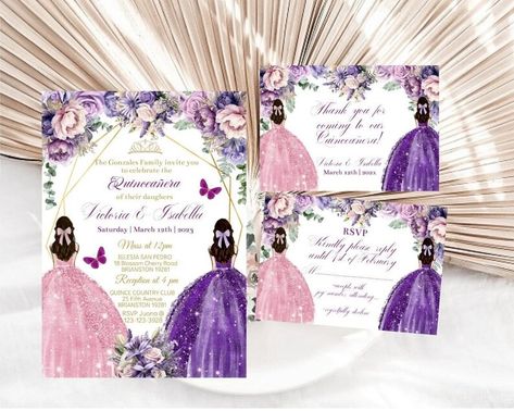 Twins Quinceañera Invitation Template Editable, Sweet 16, Mis Quince XV Purple Mauve Pink Floral Digital Invite 15th Princess Butterfly Card - Etsy Romania Twins Quinceanera Ideas, Twins Quinceanera, Quinceañera Invitation, Quinceanera Invitation, Quinceanera Themes, Butterfly Card, Purple Mauve, Photo Website, Quinceanera Invitations