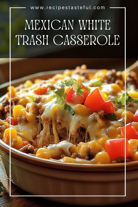 This easy and hearty Mexican White Trash Casserole is a delicious blend of seasoned ground beef, creamy soup, and crunchy tortilla chips, perfect for a quick weeknight meal or a crowd-pleasing potluck dish. Mexican Hot Dish Recipes, Beef Mexican Casserole Recipes, Casserole To Feed A Crowd, Hamburger Mexican Casserole, Mexican Casserole With Beef Healthy, Mexican Casseroles Using Ground Beef, Ground Beef Potluck Dishes, Quick And Easy Mexican Dishes, Mexican Pot Luck Dishes