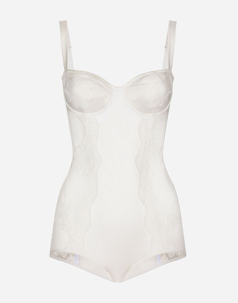 Silk balconette-bra bodysuit with lace detailing in White for Women | Dolce&Gabbana® Cloth Collection, Singer Dr, Magnum Opus, Balconette Bra, Summer Beach Wear, Lace Panelled, Performance Outfit, Half Moon, Dream Wardrobe